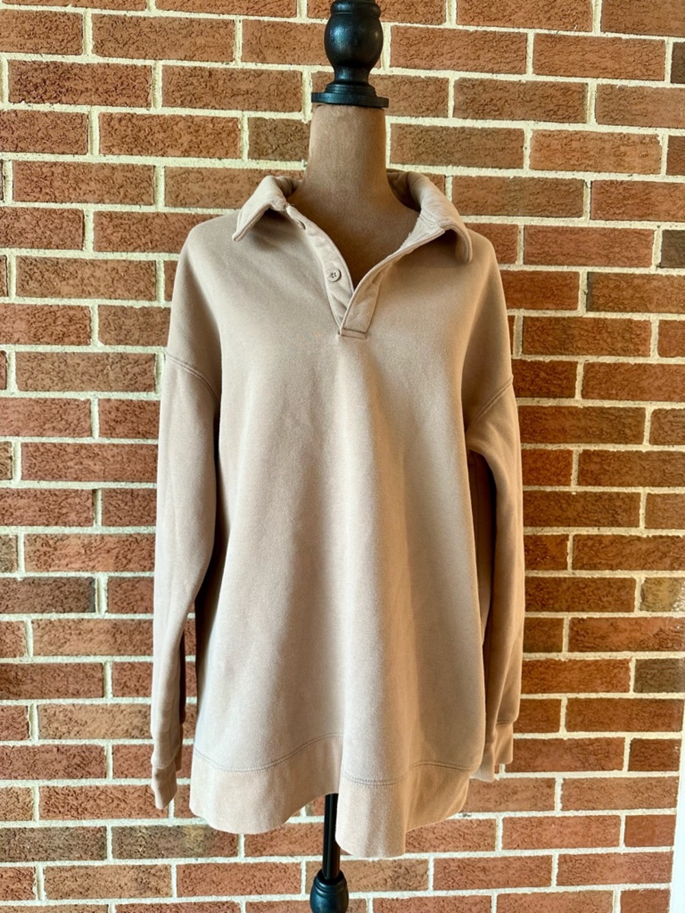 MONDETTA Pullover Sweater Beige Collared Button Fleece Long Sleeve, Size L